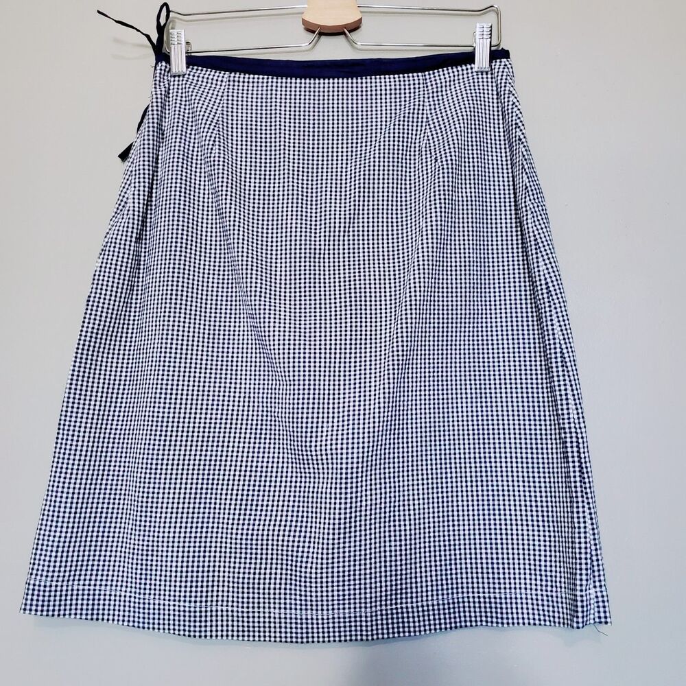 Gingham Print Skirt Women's Size 8 Navy Blue Side Zip Tie Cherokee Brand
